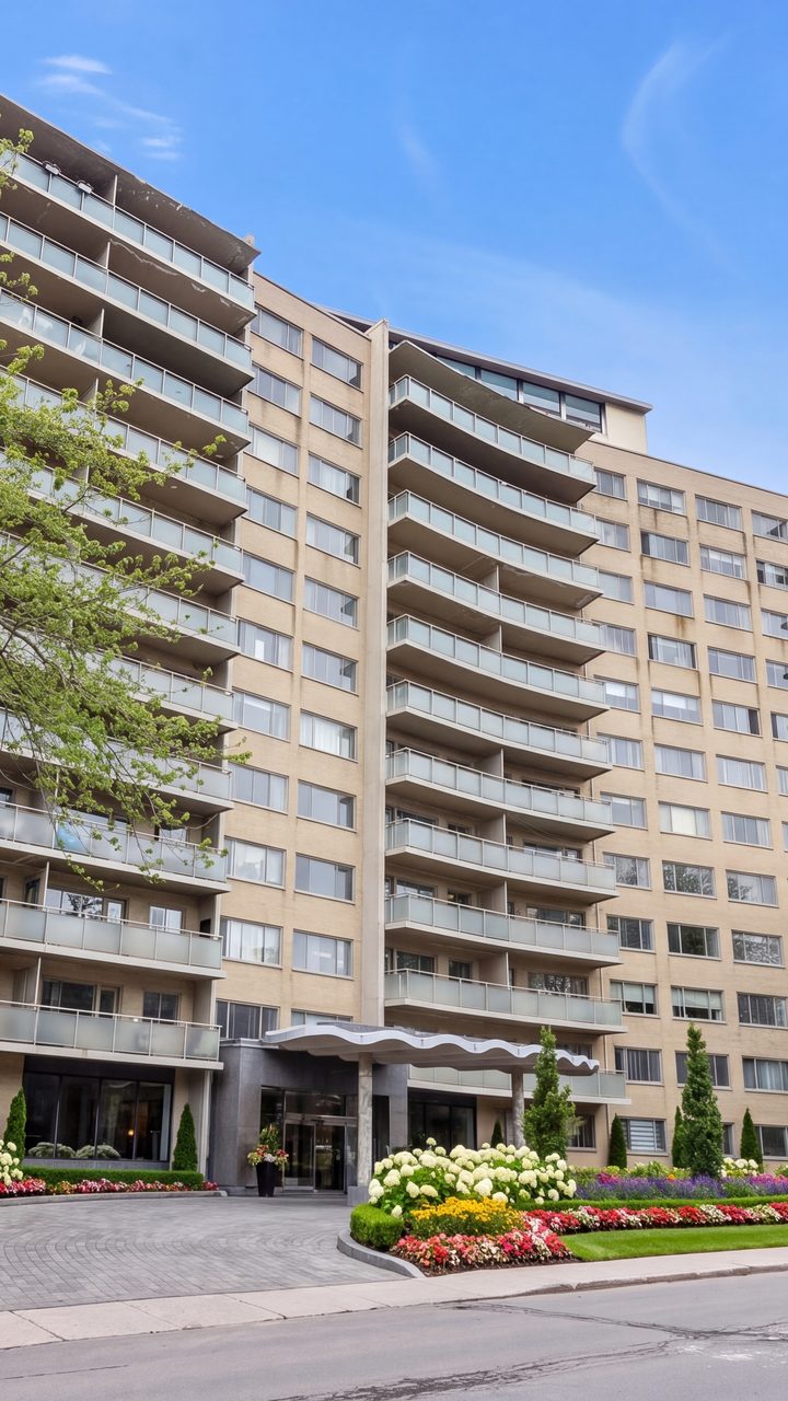 Le Royal Westmount iL Palazzo au 250 avenue Clarke : façade de douze étages aux balcons incurvés, marquise ondulée à l'entrée et parterres fleuris